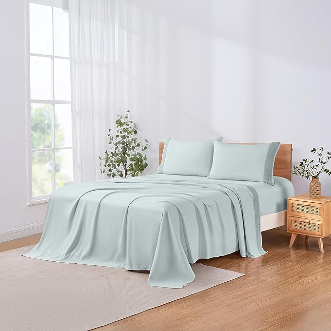 Modern Threads 4 Piece Microfiber Sheet Set – Soft Cooling Bed Sheets with Crochet Lace – Deep Pocket, Wrinkle Free, Breathable, Hotel Luxury Bedding, Pale Aqua, Queen