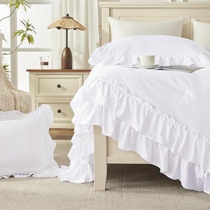 Andency Super King Plus Ruffle Comforter Set 128x120, 3 Pieces Farmhouse Shabby Chic Bedding Set, Soft Lightweight Oversized California King Comforter Set (1 Comforter 2 Pillowcases), White