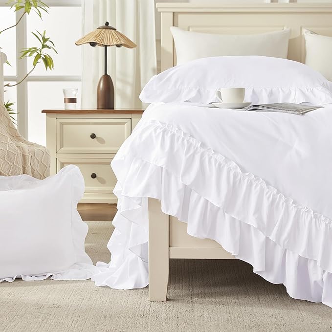Andency White Twin Size Comforter Set(66x90Inch), 2 Pieces(1 Ruffle Comforter and 1 Pillowcase) Lightweight Fluffy Bedding Comforter Sets for Kids, All Season Soft Polyester Bedding Set