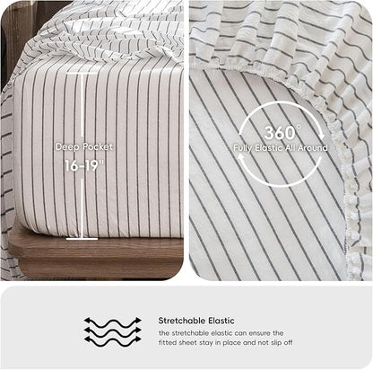 MooMee Fitted Bottom Sheet Only 100% Washed Cotton Linen Like Textured Breathable Durable Soft Comfy Deep Pocket Fits Mattress up to 17" (White Dark Grey Wide Stripes, King)