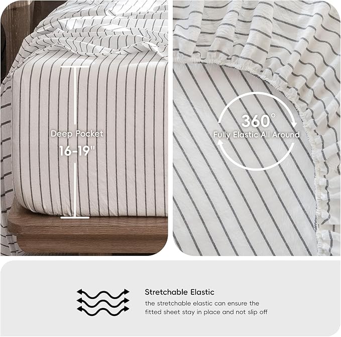 MooMee Fitted Bottom Sheet Only 100% Washed Cotton Linen Like Textured Breathable Durable Soft Comfy Deep Pocket Fits Mattress up to 17" (White Dark Grey Wide Stripes, Queen)