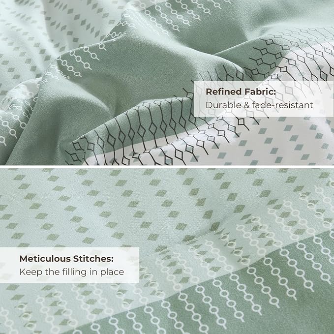 Litanika Queen Comforter Set Sage Green - 3 Pieces Lightweight Quilt Bedding Comforter Sets, Light Green White Colorblock Stripe Fluffy Bed Set, All Season Down Alternative