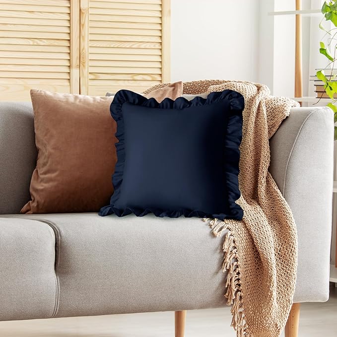 KKJIAF Ruffle Pillow Cases 26x26 Inches, Navy Blue Square Ruffled Pillow Covers Set of 2, Microfiber Wrinkle Resistant Pillow Shams with Envelope Closure for Sofa Bed Living Room