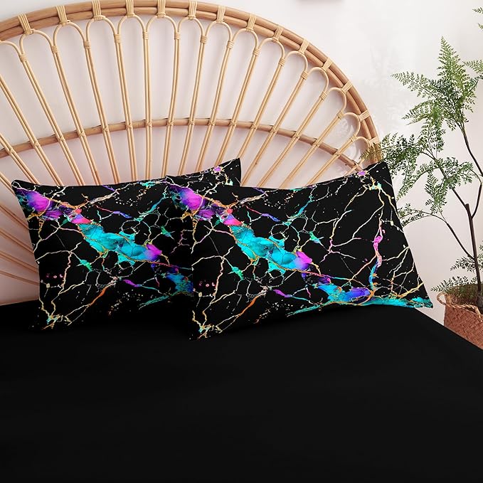 Black Marble Comforter Set Queen Size, Gradient Abstract Line Bedding Set, Glowing Marbling Texture Lightweight Down Alternative Comforter- 3Pieces Microfiber Bedding for Adult Women