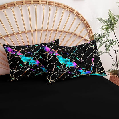 Black Marble Comforter Set Queen Size, Gradient Abstract Line Bedding Set, Glowing Marbling Texture Lightweight Down Alternative Comforter- 3Pieces Microfiber Bedding for Adult Women
