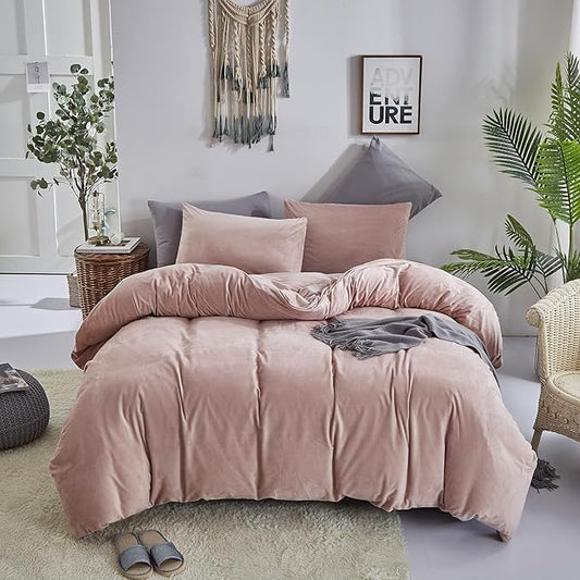Luxlovery Pink Velvet Comforter Set King Dusty Pink Flannel Plush Bedding Comforter Winter Thick Warm Solid Haze Pink Quilts Blanket Soft Heavyweight Comforter Set for King Bed