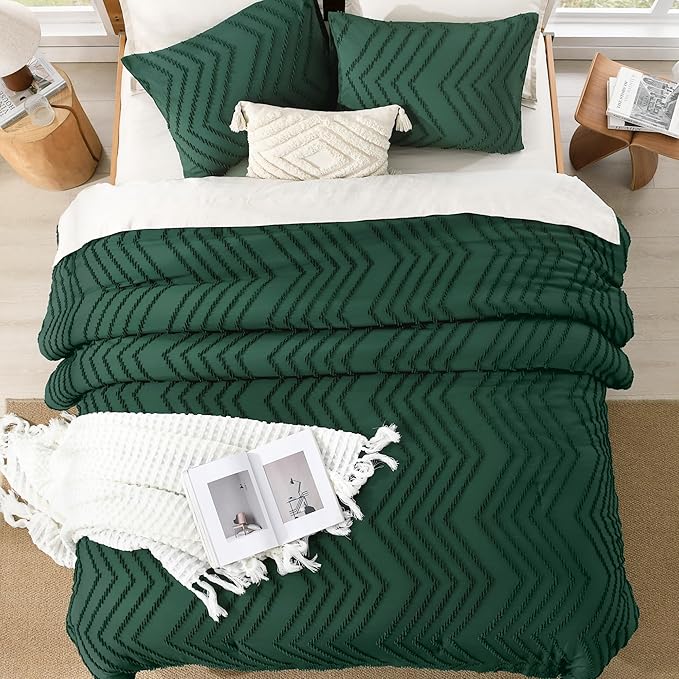 Litanika Twin/Twin XL Comforter Set, 2 Pieces Boho Chevron Tufted Bedding Comforter Set, All Season Bed Set Emerald Green