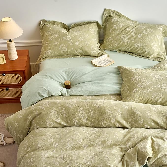mixinni 100% Washed Cotton Cover Set, Reversible Vintage Green Floral Butterfly Jacquard Textured Comforter Cover, Boho Farmhouse Bedding Set with Zipper Closure for All Season, Queen Size