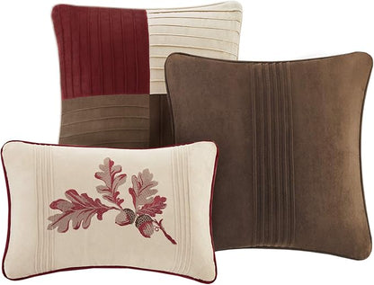 Madison Park Cozy Comforter Set Casual Blocks Design All Season, Matching Bed Skirt, Decorative Pillows, Cal King(104"x92"), Red Brown, 7 Piece