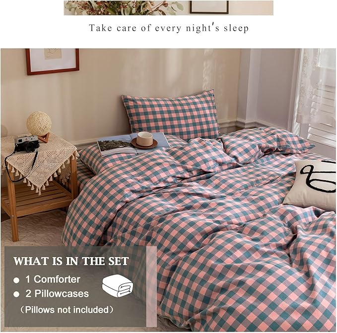 VM VOUGEMARKET Pink Blue Purple Plaid Comforter Set Queen,3 Pieces Gingham Comforter with 2 Pillowcases for Teen Girls Simple Modern Bedding Set (90"x90")