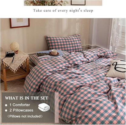 VM VOUGEMARKET Pink Plaid Comforter Set Full Blue Grid Gingham Down Comforter with 2 Pillowcases,Washed Cotton Modern Cozy Bedding Quilt Set for Teen Girls 80"x90"