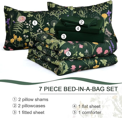 Yiran King Size Comforter Set 7 Piece, Dark Green Floral Bedding Set, Bed in a Bag King with Botanical Flowers Pattern, Soft Microfiber Complete Bedding Set with Sheets for All Season