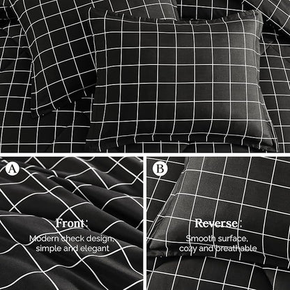 Andency Black Grid Comforter Set King Size (104x90 Inch), 3 Pieces(1 Grid Comforter and 2 Pillowcases), Summer Lightweight Microfiber Down Alternative Black Comforter with White Lines