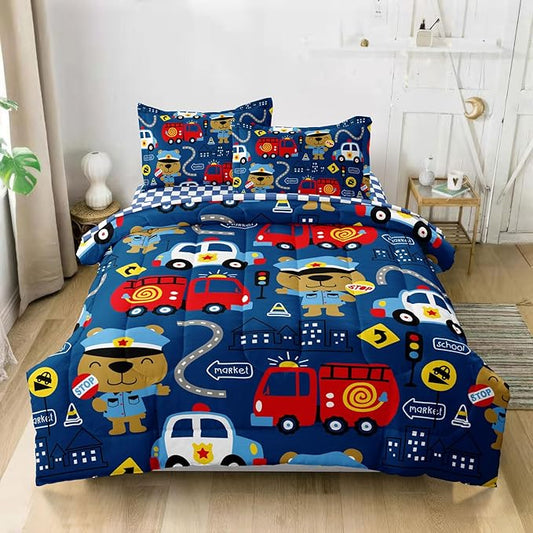 Kids Cop Car Comforter Set for Little Boys, Fire Truck Police Car Bedding Set, City Traffic Bedding Collection Include (1 Comforter, 2 Pillowcases, 1 Fitted Sheet, 1 Flat Sheet), Blue