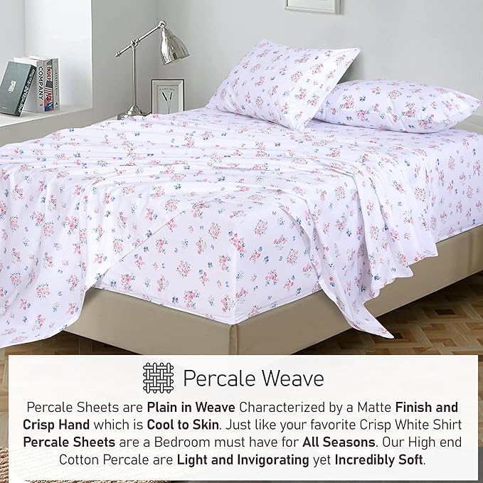 RUVANTI 100% Cotton Sheets – California King Percale Bedding, Cooling & Breathable Floral Design, Durable with a Crisp, Soft & Comfortable Feel, 14" Deep Pocket, 4-Piece Set, Funa Flora