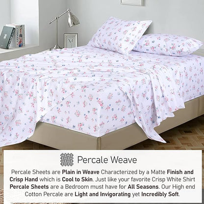 RUVANTI 100% Cotton Sheets – California King Percale Bedding, Cooling & Breathable Floral Design, Durable with a Crisp, Soft & Comfortable Feel, 14" Deep Pocket, 4-Piece Set, Funa Flora