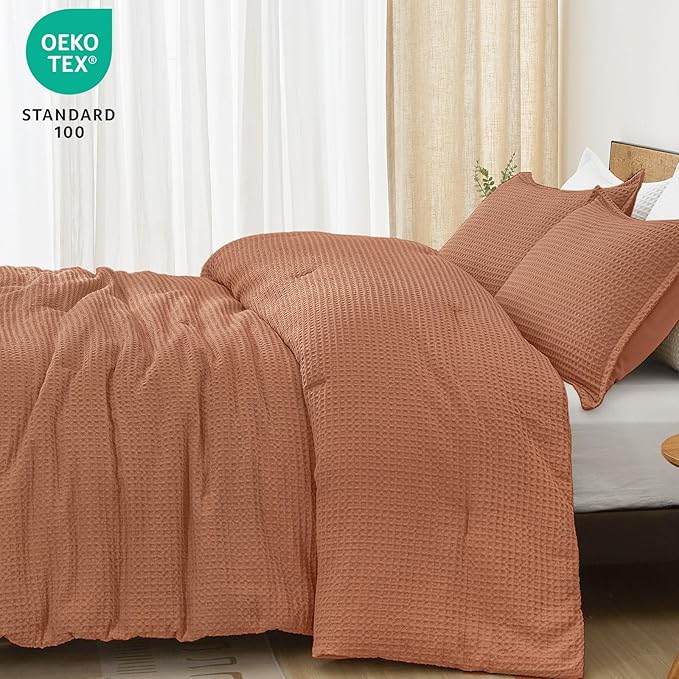 PHF Ultra Soft Waffle Weave Comforter Set King Size, 3 Pieces Lightweight Breathable Comfy Bedding Set, Comfy Textured 1 Comforter with 2 Pillow Shams, Terra Cotta