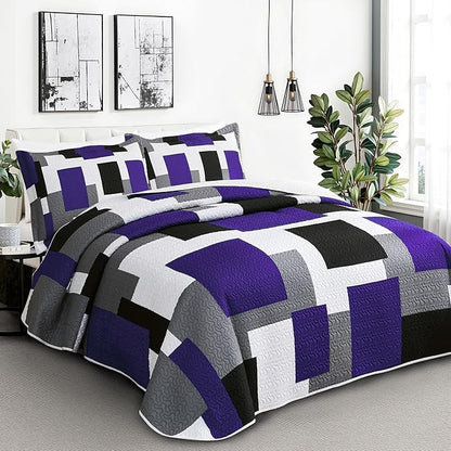 3 Piece Dark Purple Grey Quilt Set King Size Black White Geometric Reversible Bedding Set Microfiber Lightweight Bedspread Coverlet with 2 Shams Modern Bed Covers for All Season, 106''x96''