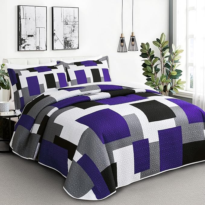 3 Piece Dark Purple Grey Quilt Set Full/Queen Size Black White Geometric Reversible Bedding Set Microfiber Lightweight Bedspread Coverlet with 2 Shams Modern Bed Covers for All Season, 90''x96''