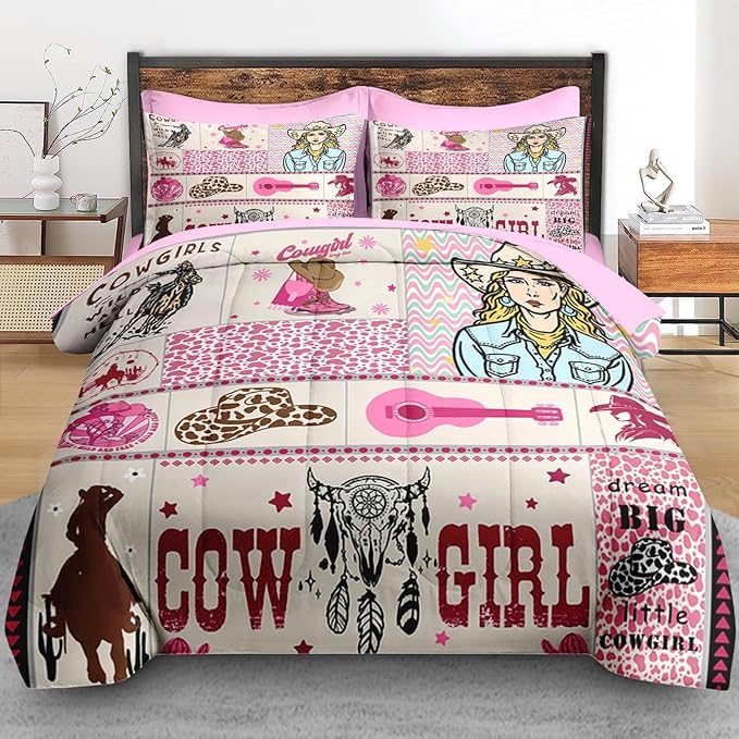 Comforter Set Full Size, Cowgirl Western Country 7 Pcs Retro Bedding for Kids and Adults, Cowboy Rustic Pink Bed Sheet Sets with Fitted Sheet 2 Pillowcases & 2 Shams for Bedroom Bed Decor