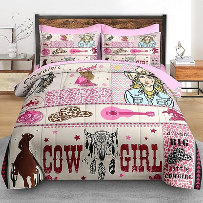 Comforter Set Full Size, Cowgirl Western Country 7 Pcs Retro Bedding for Kids and Adults, Cowboy Rustic Pink Bed Sheet Sets with Fitted Sheet 2 Pillowcases & 2 Shams for Bedroom Bed Decor