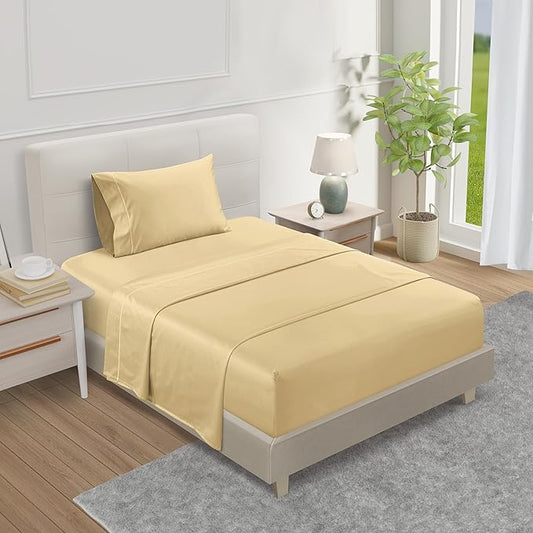 100% Egyptian Cotton Sateen Weave Twin Sheets Set, 800TC Sateen Weave 3PC Twin Bed Sheets, Fully Elasticated 15" Sheet & Pillowcase Sets, Soft & Comfy, No lint, Fade Resistant - Semolina