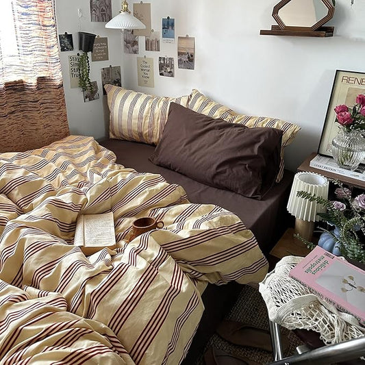 mixinni Retro Striped Duvet Cover Set Full - 100% Natural Cotton 3-Piece Vintage Red Stripes Pattern Printed Bedding Set, Soft Breathable Comforter Cover with Zipper Closure & Corner Ties, Full Size