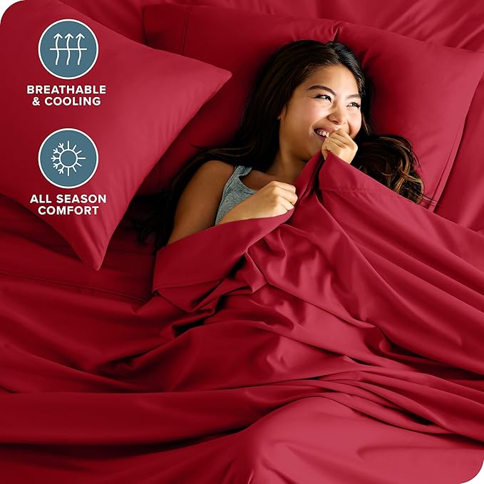 Bare Home Queen Sheet Set - 1800 Ultra-Soft Microfiber Queen Bed Sheets - Double Brushed - Deep Pockets - Easy Fit - 4 Piece Set - Bedding Sheets & Pillowcases (Queen, Red)