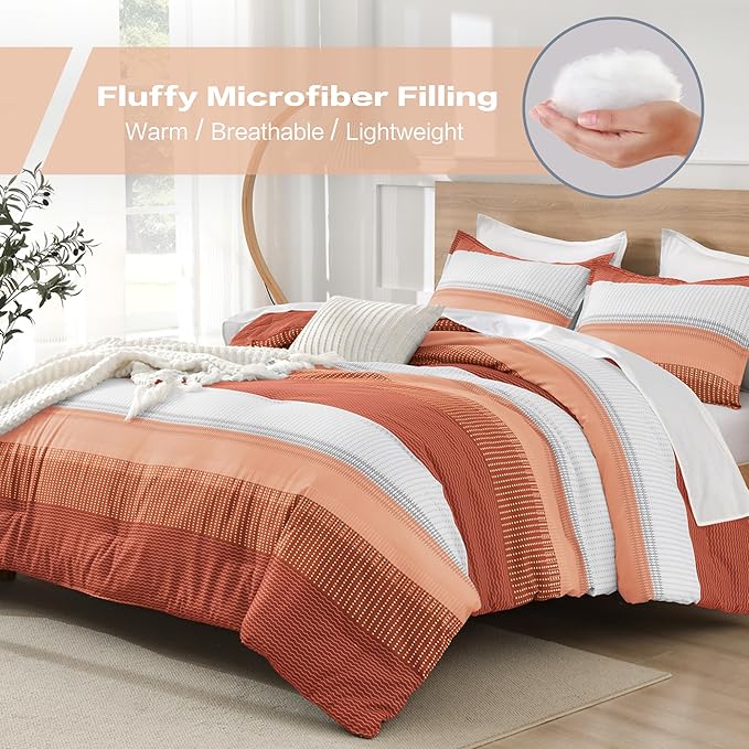 Litanika Burnt Orange Bed Comforter Full Size Set, 3 Pieces Boho Terracotta Stripe Colorblock Soft Bedding Comforter Set, Rust Fluffy Bed Set (79x90In Comforter & 2 Pillowcases)