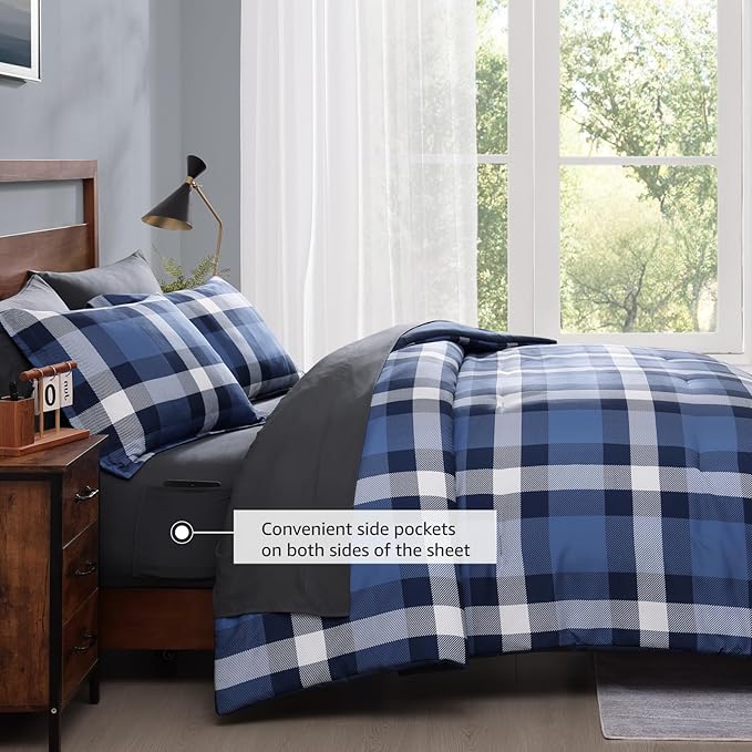 MaiRêve Full Size Plaid Comforter Set Indigo Blue, Classic Checkered 7 Pieces Bedding Set for Boys Girls Teen, All Season Lightweight Bed in A Bag with Sheets, Pillowcases & Shams