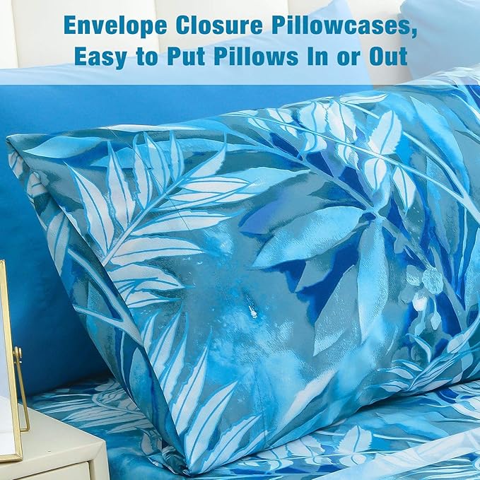 JSD Blue Tropical Leaves Print Sheet Set Queen Size, 6 Piece Soft Pattern Microfiber Bed Sheets Extra Deep Pocket