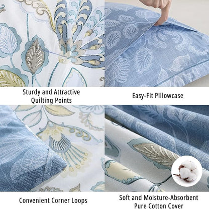 Vintage Botanical Cotton Comforter Queen Size 3PC - Lavish Floral on Bluish White with Frost Blue Back, Reversible Lightweight Comforter Set with Soft Fill(90"×90")