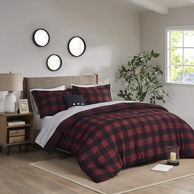 Madison Park Essentials Cozy Bed in A Bag - Reversible Comforter with Complete Sheet Set, Casual Plaid Cabin Design, All Season Cover, Decorative Pillow, Everest Plaid Red Twin(68"x86") 6 Piece