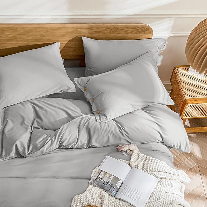 JELLYMONI Cotton Duvet Cover Full Size - Light Gray Comforter Cover with Button 100% Washed Cotton 3PCS Breathable Soft Solid Bedding Set Duvet Cover 80×90in & 2 Pillowcases (NO Comforter)