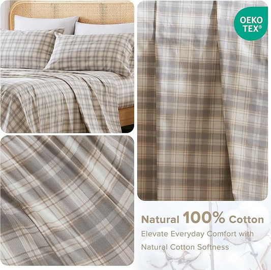 Comfort Spaces 100% Cotton Sheets Twin XL, Breathable, Naturally Cool Cotton Sheets, Soft Cotton Bed Sheets with 12" Elastic Pocket Fits up to 14" Mattress, All Seasons Sheet Set, Wesley Taupe 3 Piece