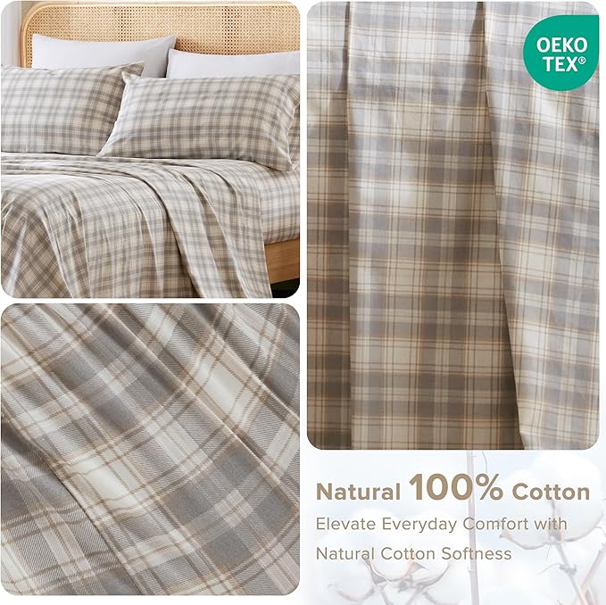 Comfort Spaces 100% Cotton Sheets King, Breathable, Naturally Cool Cotton Sheets, Soft Cotton Bed Sheets with 14" Elastic Pocket Fits up to 16" Mattress, All Seasons Sheet Set, Wesley Taupe 4 Piece