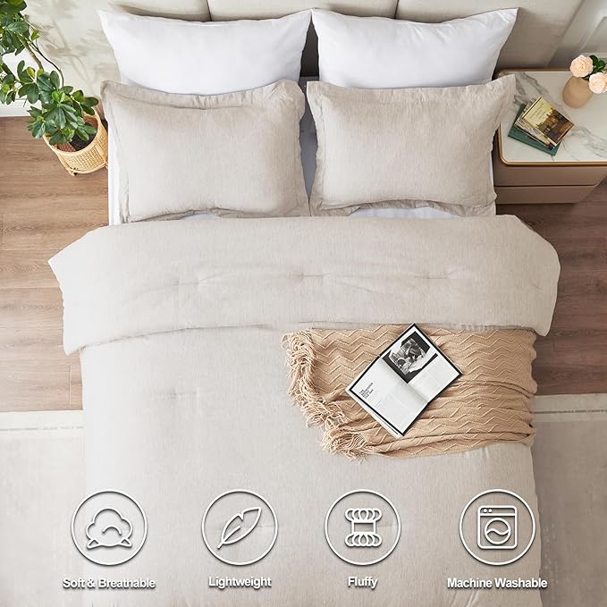 CozyLux Queen Comforter Set, 3 Pieces Beige Soft Luxury Cationic Dyeing Comforters Queen Size Bedding Sets, Breathable Lightweight Fluffy Bed Set with 1 Down Alternative Comforter and 2 Pillow Shams