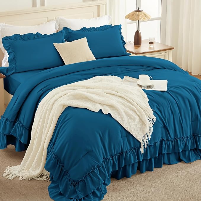 Andency Teal Full Size Comforter Set (79x90Inch), 3 Pieces Fluffy Farmhouse Shabby Chic Ruffle Bedding Sets, All Season Soft Lightweight Bed Set