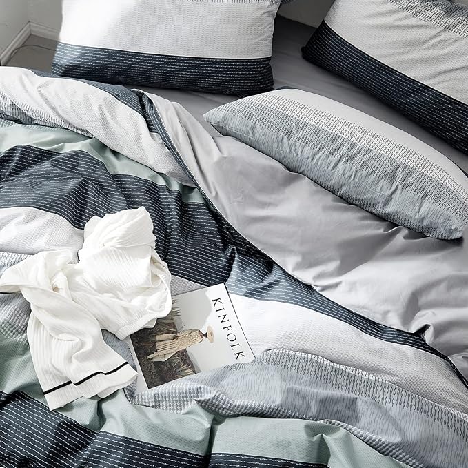 VM VOUGEMARKET Striped Duvet Cover Full,3 Pieces Blue Gray Duvet Cover Sets-100% Cotton Modern Simple Comforter Cover with Zipper for Teens Boys Men-80x90 Inch