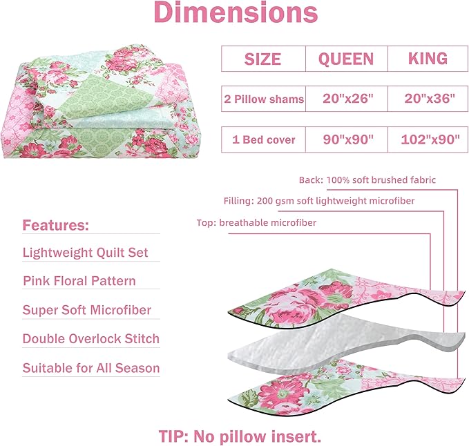 Cmfshape Summer Floral Queen Quilted Bedspread,Romantic Pink Quilt Set Bedding,Reversible Stitched Bedding Set All Season,Soft Lightweight Coverlet with Pillow Cases (Pink&Green, Queen90 x90)
