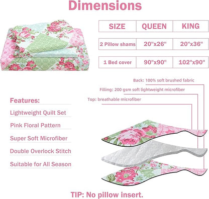 Cmfshape Summer Floral Queen Quilted Bedspread,Romantic Pink Quilt Set Bedding,Reversible Stitched Bedding Set All Season,Soft Lightweight Coverlet with Pillow Cases (Pink&Green, Queen90 x90)