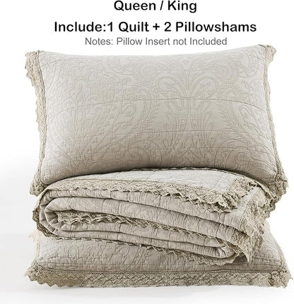 HORIMOTE HOME Stone-Washed Cotton Quilt King Size, Beige Jacquard Embossed Quilt Shabby Vintage Farmhouse Bedspread Coverlet with Crochet Edge, Soft Lightweight Bedding Set for All Season, 3 Pieces