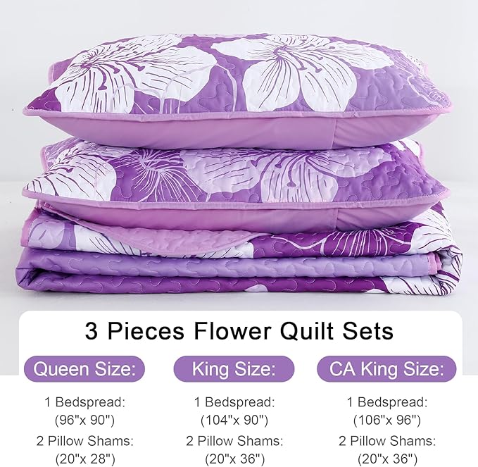 DJY Purple Floral Queen Quilt Set 3 Pieces Botanical Pattern Bedspread Summer Gradient Bedding Quilt Set with 2 Pillow Shams Soft Boho Microfiber Coverlet Set for All Season 90''x96''