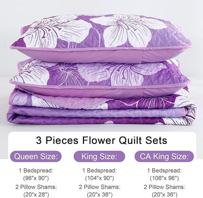 DJY Purple Floral Queen Quilt Set 3 Pieces Botanical Pattern Bedspread Summer Gradient Bedding Quilt Set with 2 Pillow Shams Soft Boho Microfiber Coverlet Set for All Season 90''x96''