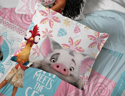 Jay Franco Disney Moana Twin Comforter Set â€“ Tropical Patchwork 5 Piece Bedding Features Pua and HEI HEI - Includes Sheet Set & Pillow Covers - Super Soft Kids Microfiber Bed Set