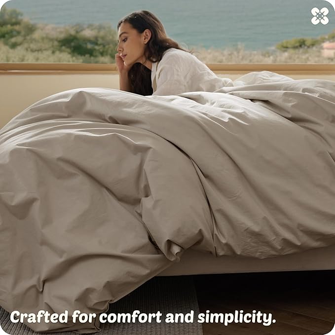 Bedsure Cotton Duvet Cover Queen - Luxury Slub Weave 100% Cotton Duvet Cover Set, PureWoven Bedding Set with a Linen Like Textured, Easy Change, Tannish Linen Grey, 90" x 90"