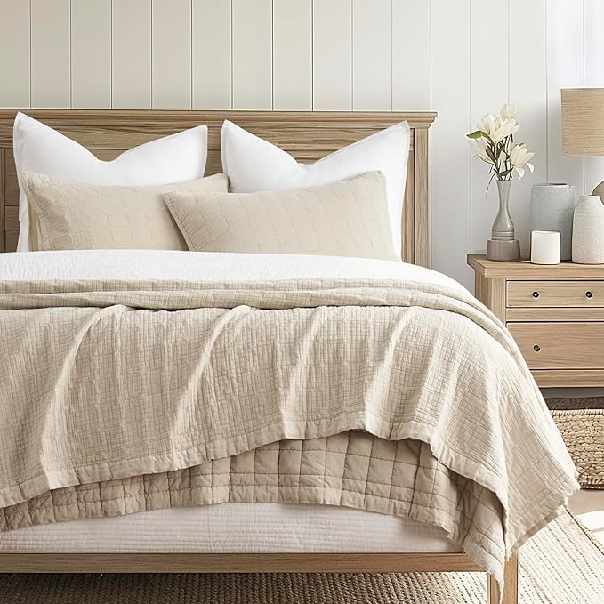 EVERGRACEHOME Stonewashed Cotton Quilt Set Full Queen Size, Ultra Soft Oversized Bedspread Coverlet Set, Lightweight Crinkle Box Stitch Bedding Sets for All Season, with 2 Shams, Flax Beige