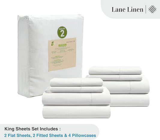 LANE LINEN 100% Organic Cotton King Sheet Set, 4Pc Cotton Sheets King Size, Breathable Bedding Sheet & Pillowcases, Hotel Luxury Bed Sheets Set, 15" Deep Pocket - White King Sheets (2 Pack)