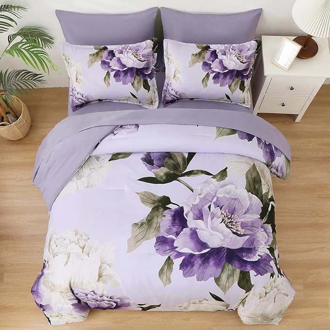 Dobuyly Purple Twin Comforter Set 5 Piece Bed in a Bag Twin Size, Purple Floral Printed on Light Purple Comforter Set with Sheets, Soft Microfiber Botanical Complete Bedding Set for All Season