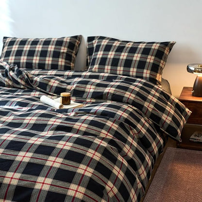 EAVD Vintage Black Plaid Gingham Comforter Set King Soft 100% Washed Cotton Black&Green&Red Grid Checkered Bedding Set with 2 Pillowcases Farmhouse Retro Plaid Comforter Set for All-Season